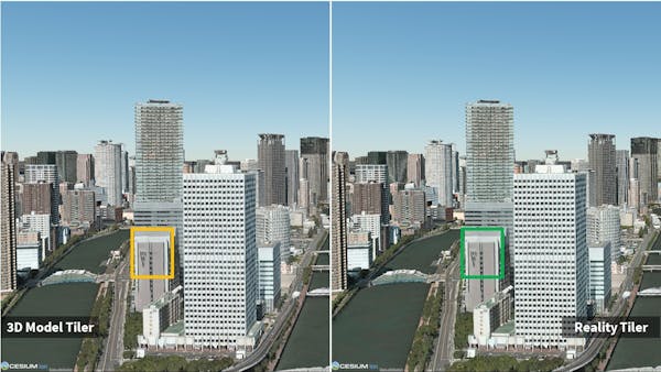 Visual Comparison between 3D Model Tiler (Left) and the new Reality Tiler (Right). Osaka, Japan.