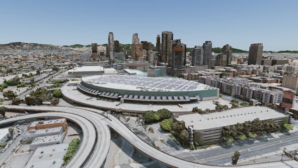 Screenshot looking over the Los Angeles Convention Center and city center. Los Angeles, CA, USA. Tileset provided by Aerometrex. Created with Cesium for O3DE.