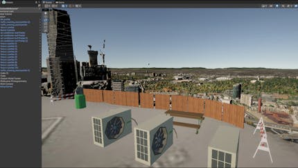 Melbourne rooftop in Cesium for Unity. Black buildings on the left side of the image, brown fencing in the middle, and tan fans in the foreground.