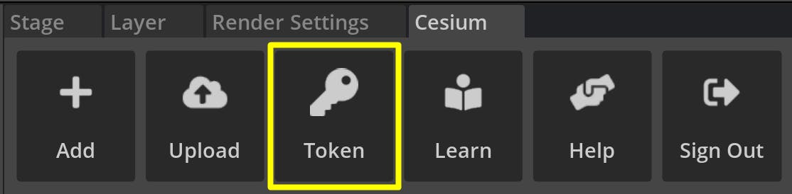 Cesium for Omniverse tutorial: Click the Token button at the top of the Cesium window.