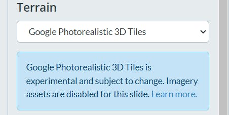 The Terrain dropdown in the Cesium Stories editor, showing Google Photorealistic 3D Tiles selected.