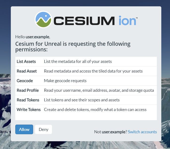 A screenshot of the Cesium for Unreal permissions panel in Unreal Engine
