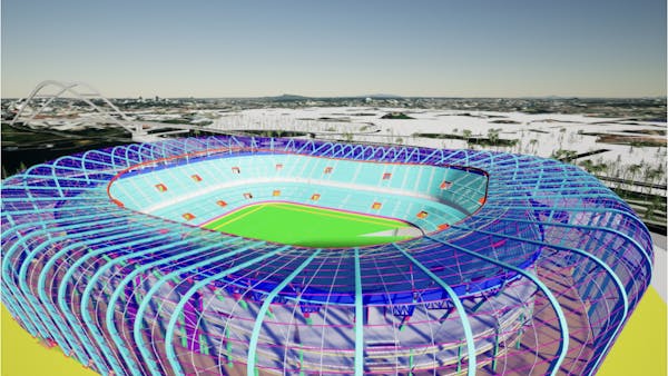 iModel of a soccer stadium in Singapore visualized in Cesium for Unreal as 3D Tiles using iTwin’s Mesh Export service.