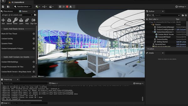 iModel of a soccer stadium in Singapore visualized in Cesium for Unreal as 3D Tiles using iTwin’s Mesh Export service.