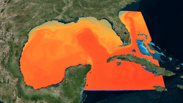 Water temperatures in the Gulf of Mexico represented using Voxels in CesiumJS.