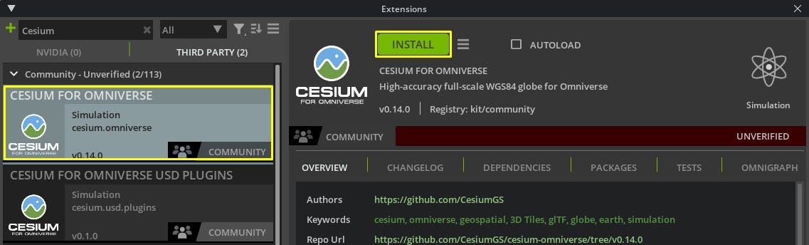 Cesium for Omniverse tutorial: quickstart. Select the Cesium for Omniverse extension and click the Install button.