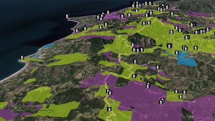 ArcGIS Trailheads, Trails, and Parks and Open Spaces feature layers visualized and styled in CesiumJS