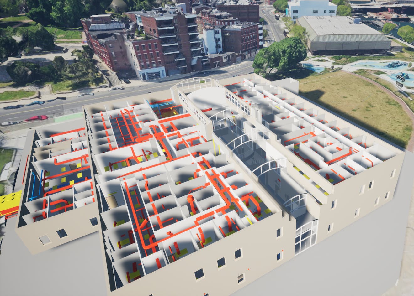 IFC model as 3D Tiles visualized in Boston, Massachusetts, USA, on top of Google Photorealistic 3D Tiles within Cesium for Unreal. Source data: BSI (2020) "Medical-Dental Test Files," buildingSMART International.