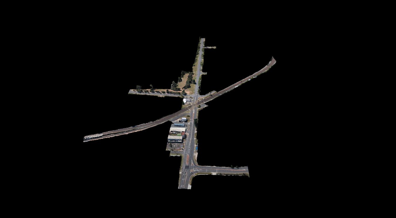 Inverse ClippingPolygon applied to Google Photorealistic 3D Tiles in CesiumJS to isolate an area.