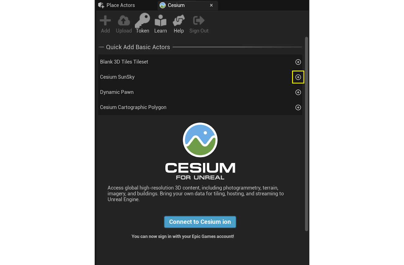 A screenshot of the Cesium panel highlighting the button used to add a Cesium SunSky to the level.